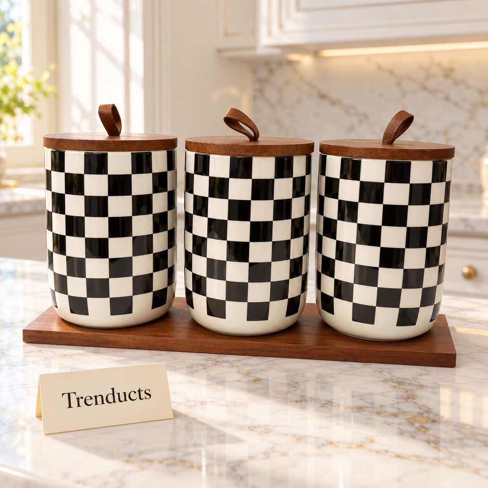 Luxury Checkered Ceramic Canister Set with Wooden Tray - 3 Jars