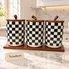 Luxury Checkered Ceramic Canister Set with Wooden Tray - 3 Jars