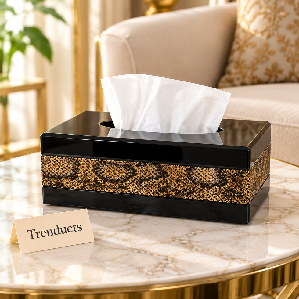 Luxury Tissue Box Cover - Black Glass with Gold Snakeskin Trim