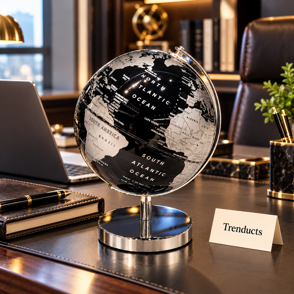 Luxury Desktop Globe - Black & Silver World Map, 14x16 cm