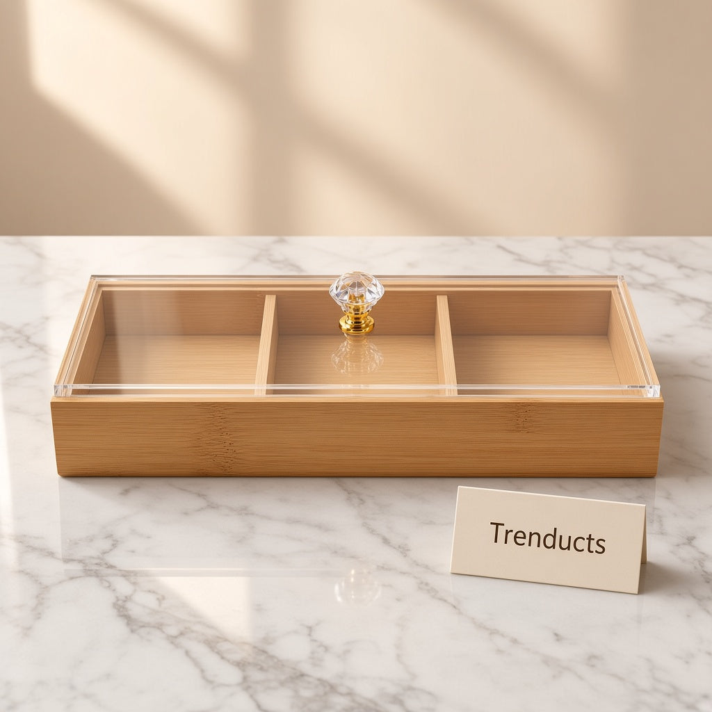 Bamboo Wood Dry Fruit Tray with Acrylic Lid - 3 Compartment