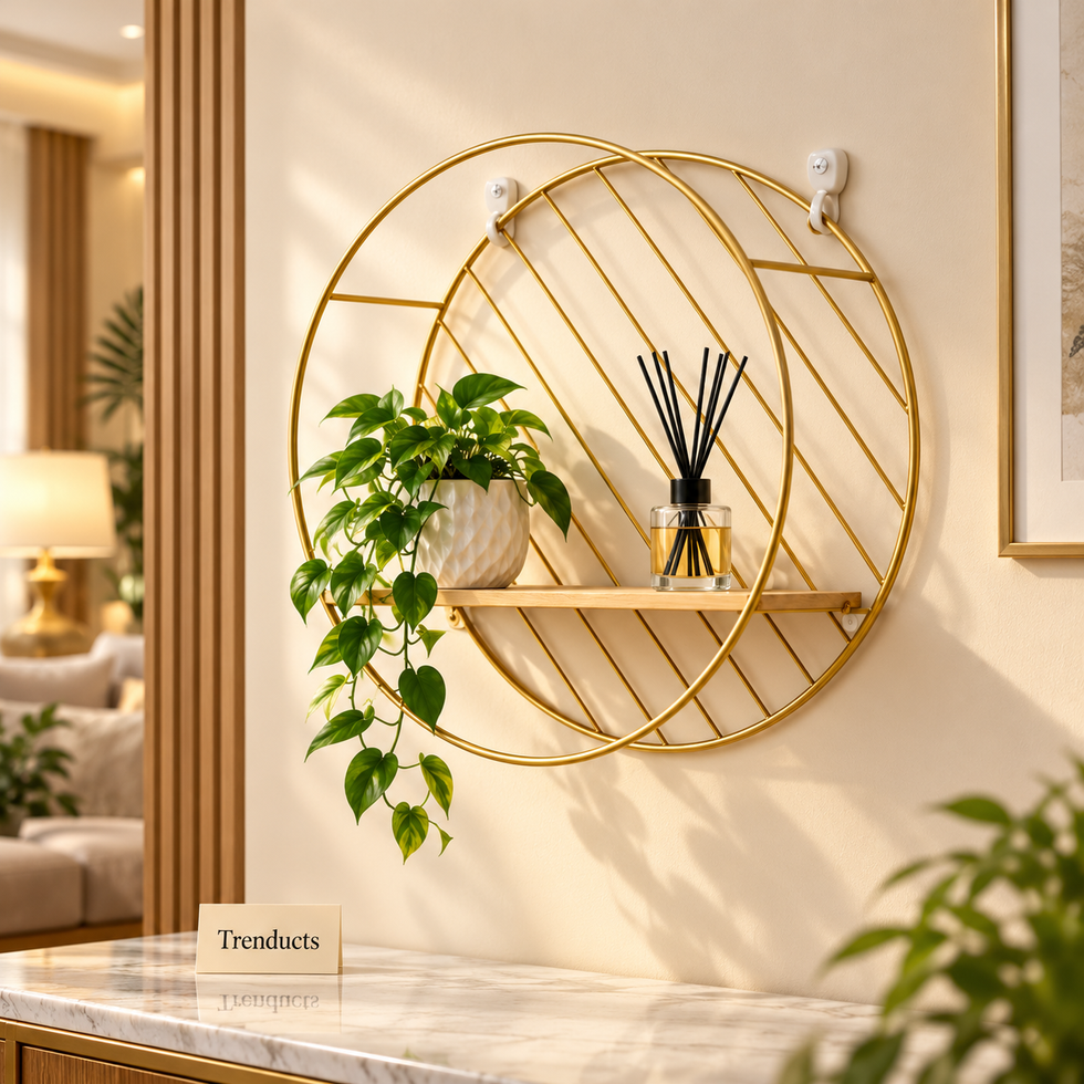 Round Gold Wall Shelf - Metal Frame with Wooden Ledge