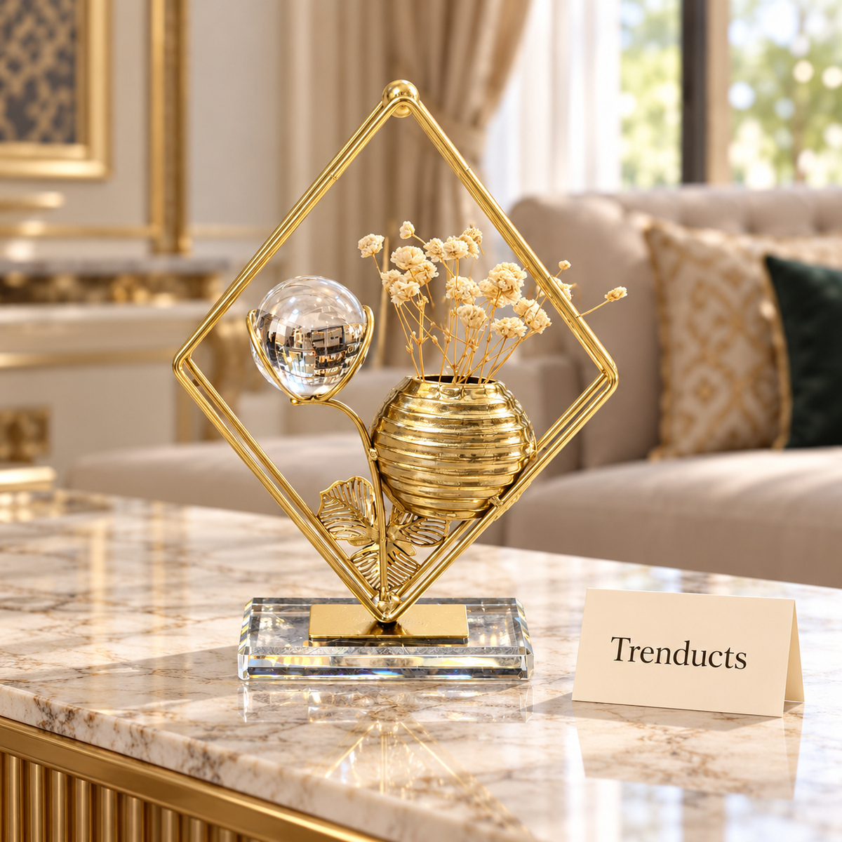 Gold Floral Orb Table Accent - Diamond Frame, Glass Base
