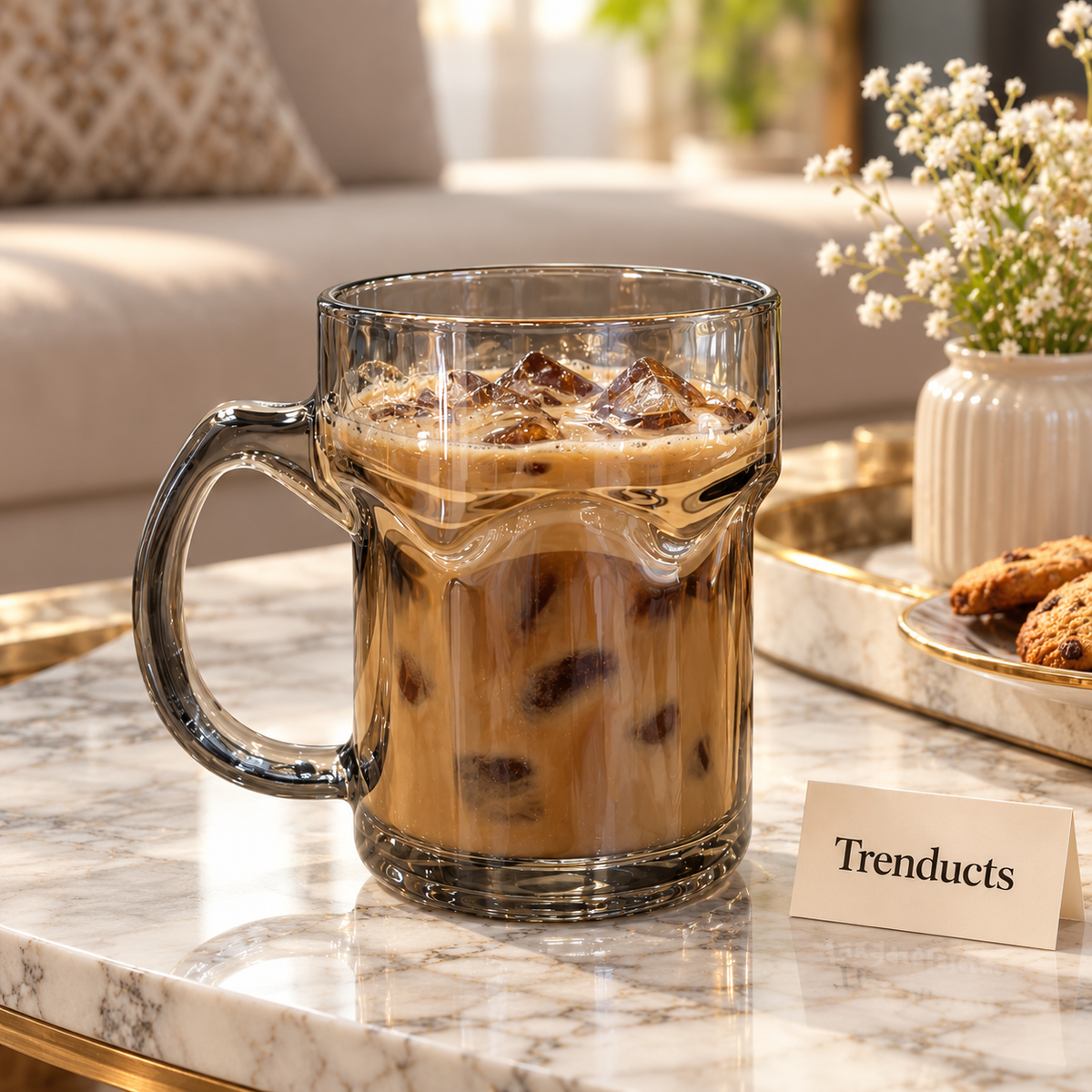 Glass Juice Mug - Smoky Grey Wavy Design with Handle