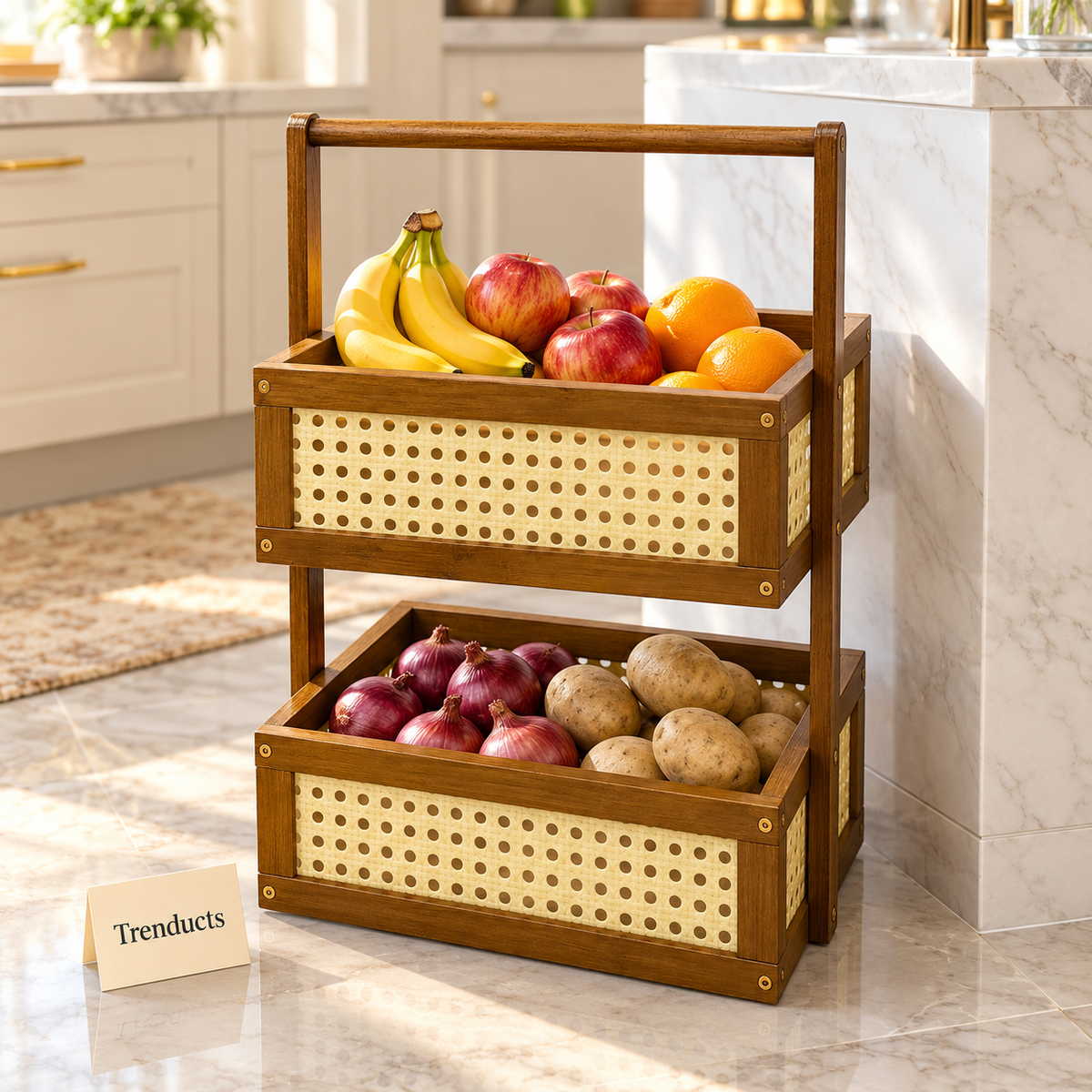 2-Tier Wooden Basket Stand - Rattan Look Kitchen Rack