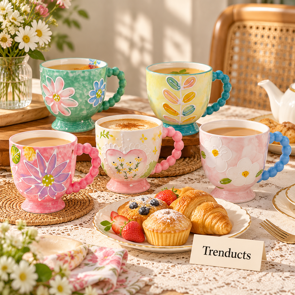Floral Ceramic Mug with Beaded Handle - 5 Designs