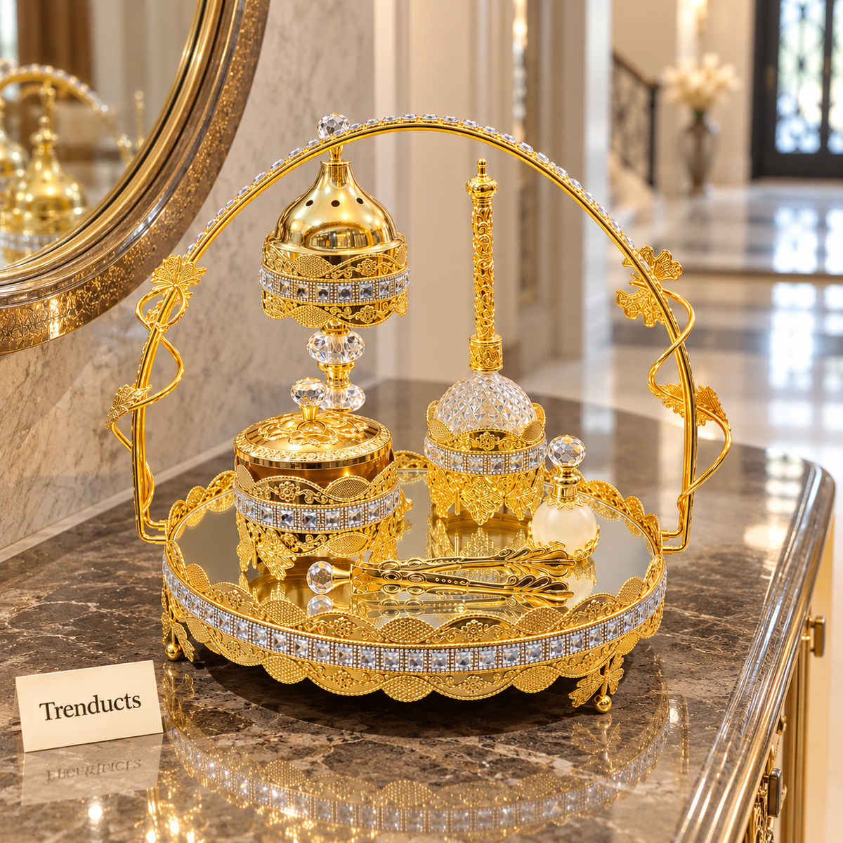 Gold Ornate Decorative Tabletop Set - Mirrored Tray