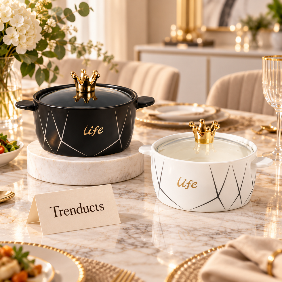 Crown Lid Ceramic Bowl with Glass Lid 1200ml (Random Color)