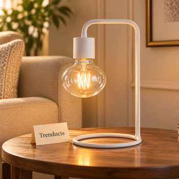 Metal Frame Table Lamp glowing on a living room side table - Trenducts