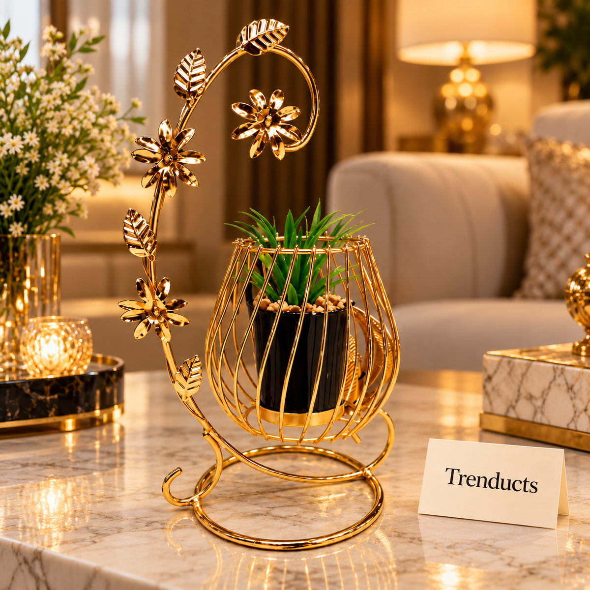Gold Wire Cage Metal Flower Pot Stand with Floral Arch
