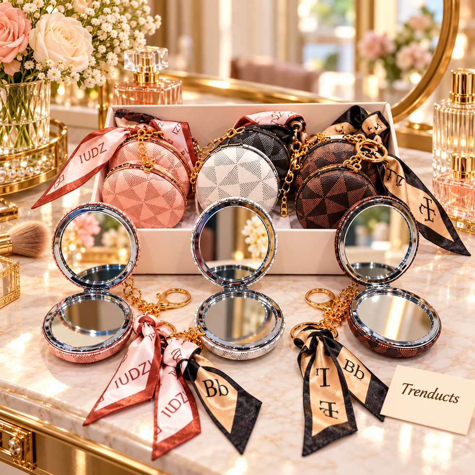 Geometric Print Cosmetic Pocket Mirror - Round with Scarf Keychain (each)