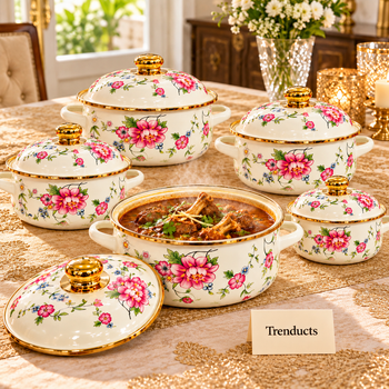 Enamel Casserole Set 5 Pcs with mutton korma on a dawat dining table | Trenducts