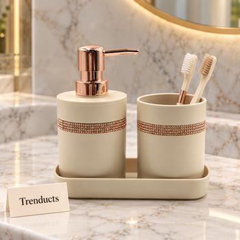 Beige bathroom set on a bathroom vanity | Trenducts