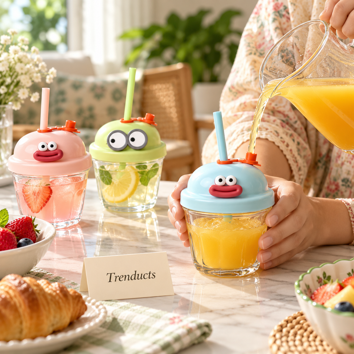 210ml Mini Glass Sipper with Cute Character Lid and Straw (Random Color)