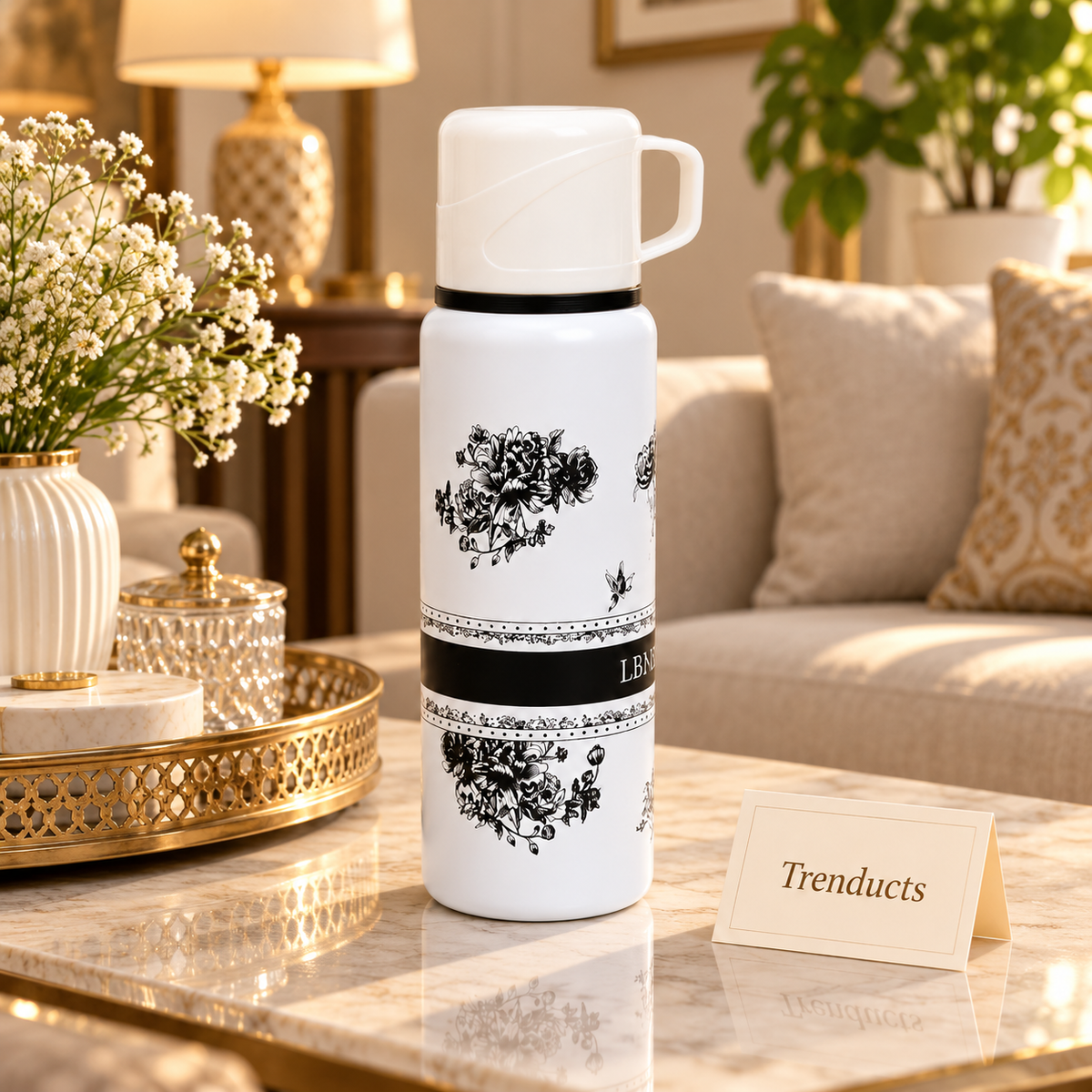800ml Stainless Steel Vacuum Bottle with Cup Lid - Floral Print