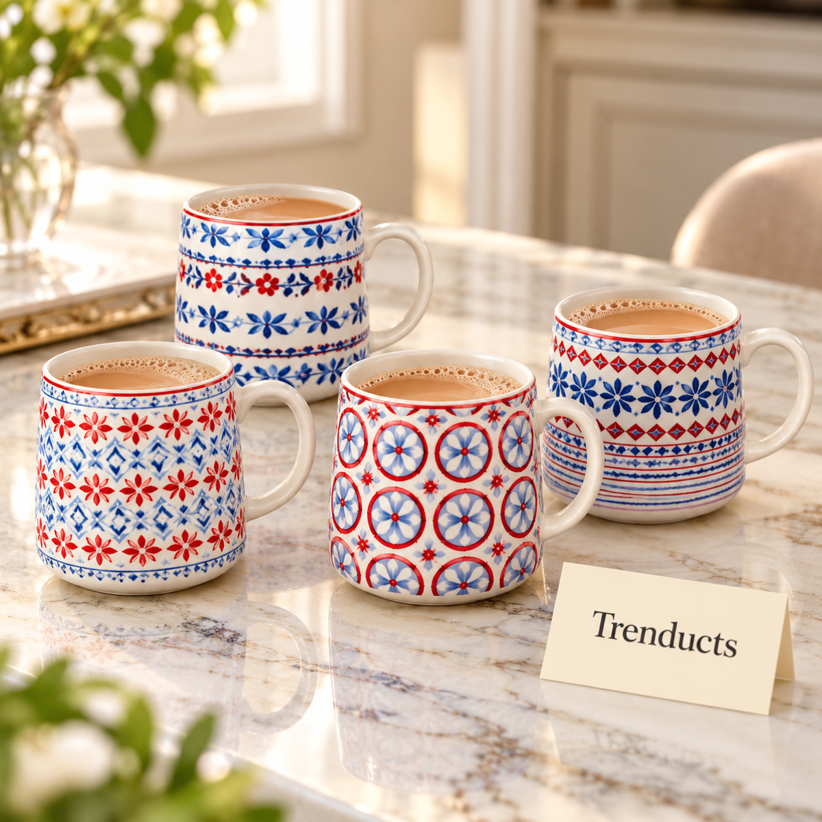 Folk Pattern Mug 420 ml - Red & Blue Tile Print (Random)