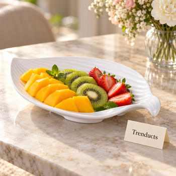Leaf Shaped Plate serving mango, kiwi and strawberries | Trenducts