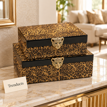 2 Piece Storage Box Set Leopard Black Trim stacked on a dressing table | Trenducts