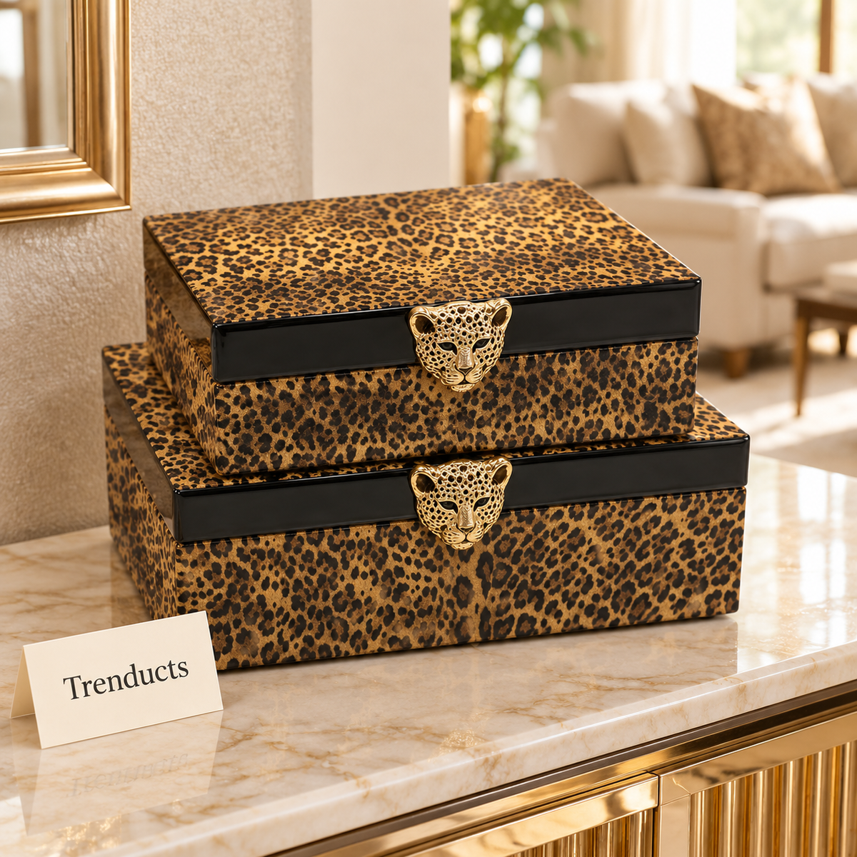 Premium 2 Piece Storage Box Set - Leopard Print with Black Trim