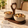 Ceramic Bowl Set with Wooden Heart Handle Tray - 2 Bowls