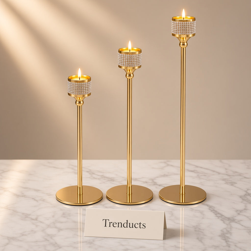 Metal Candle Stand Set of 3 with Rhinestone Cups - Gold