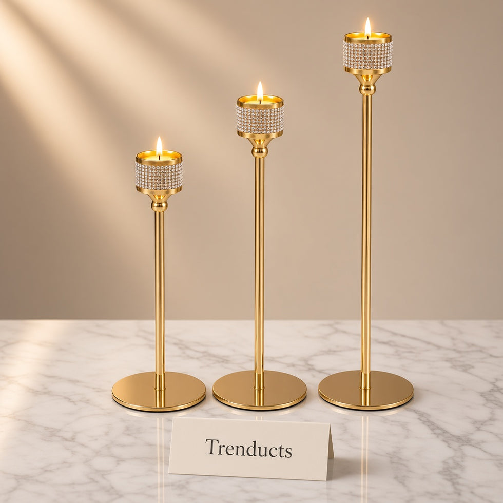 Metal Candle Stand Set of 3 with Rhinestone Cups - Gold