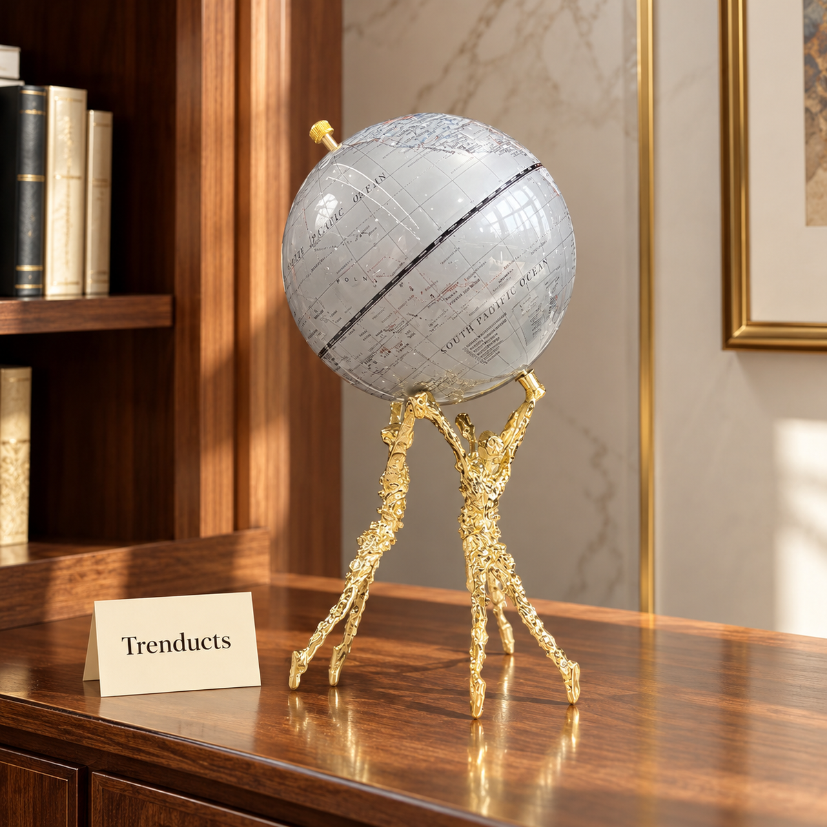 Metal Globe Showpiece - Silver with Gold Figure Stand
