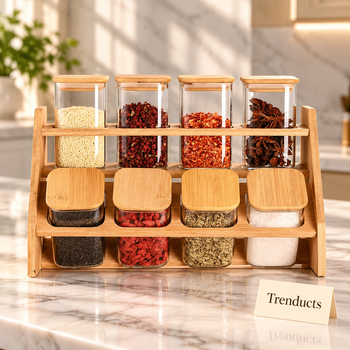 Spice Jar Rack with spices on a kitchen counter | Trenducts