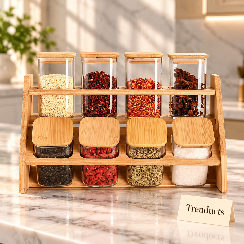 Premium Spice Jar Rack - 2 Tier Bamboo with 8 Square Glass Jars