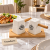 White Salt and Pepper Shakers - Wooden Handles & Tray