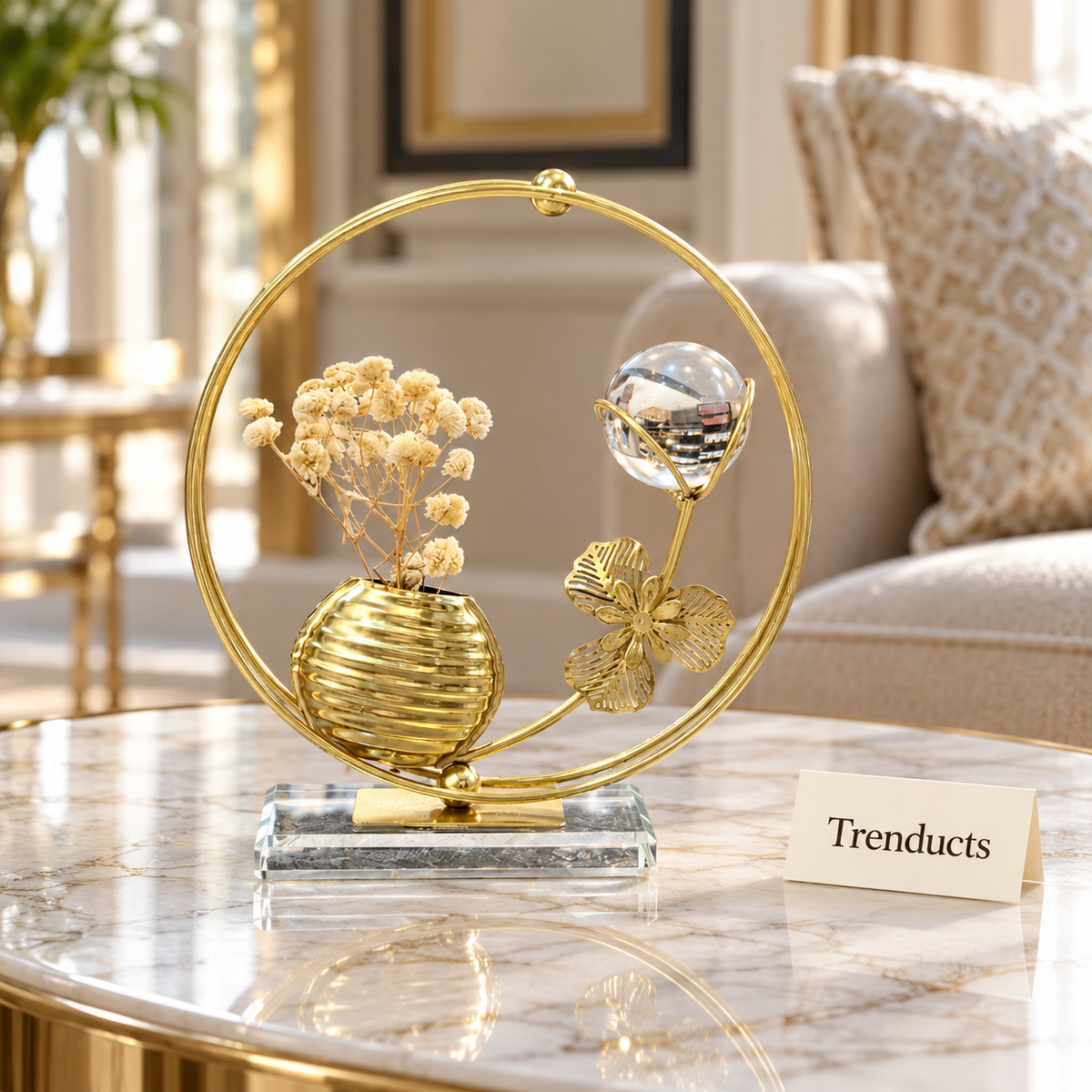 Gold Orb Ring Table Accent - Mini Vase & Dried Flowers