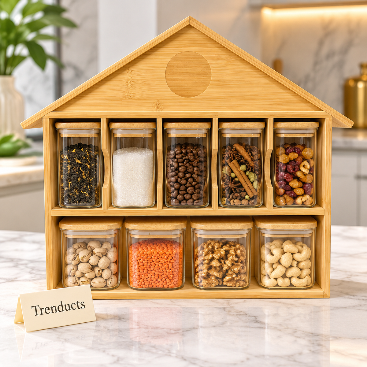 Bamboo Spice Rack with 9 Glass Jars - House with Roof Emblem