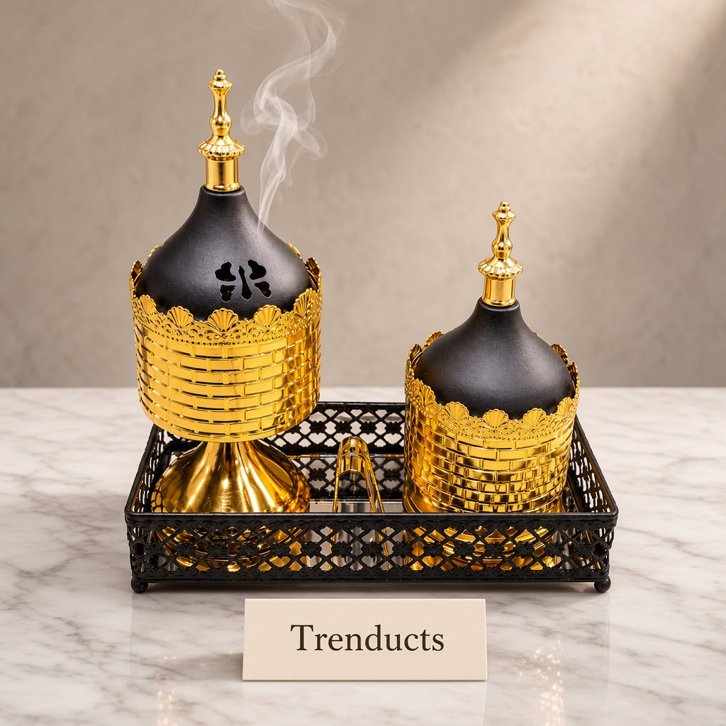 Metal Bakhoor Burner Set with Gold Lattice Tray