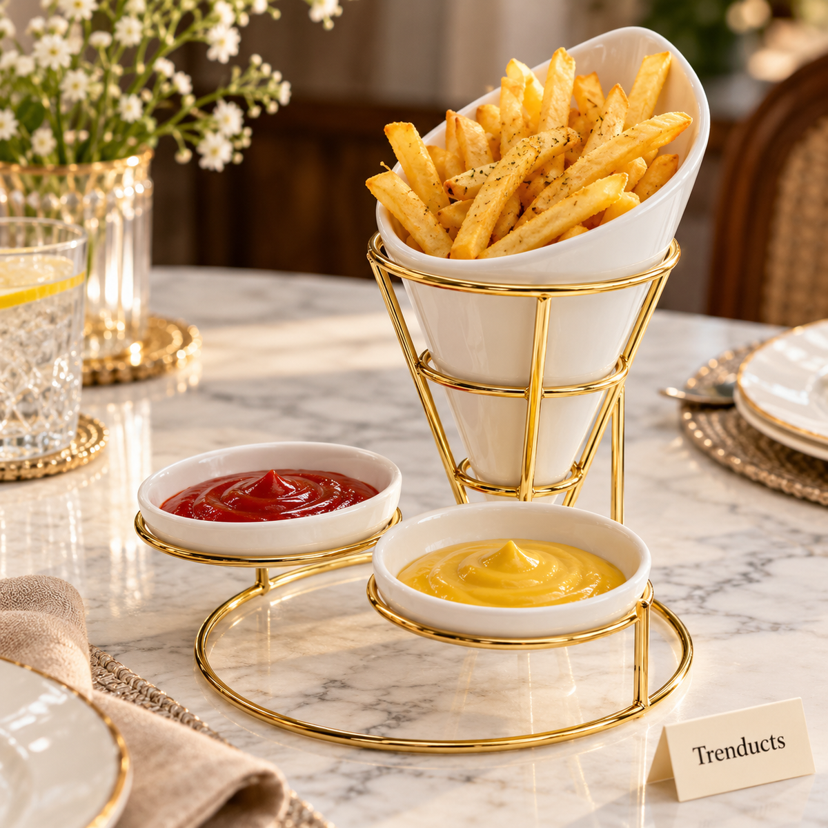 Brilliant Fries Holder - Gold Wire with White Bowls