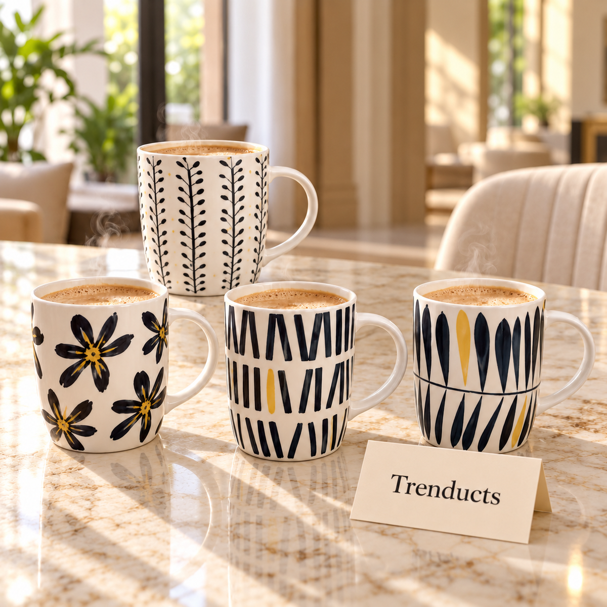 Black Line Art Mug 360 ml - Leaf & Stripe (Random)