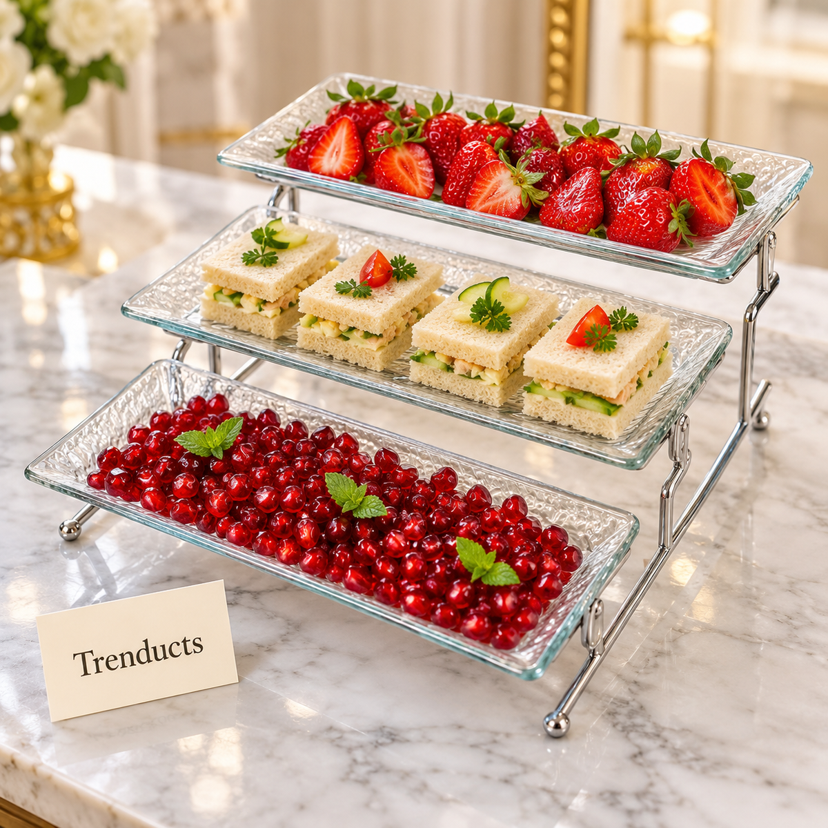 Danny Home 3 Tier Serving Tray - Glass with Silver Stand