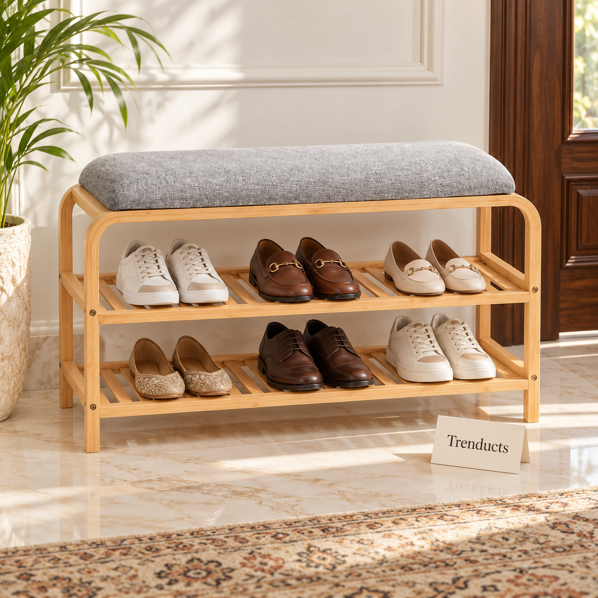 Bamboo Shoe Bench - 2 Shelves with Grey Cushion