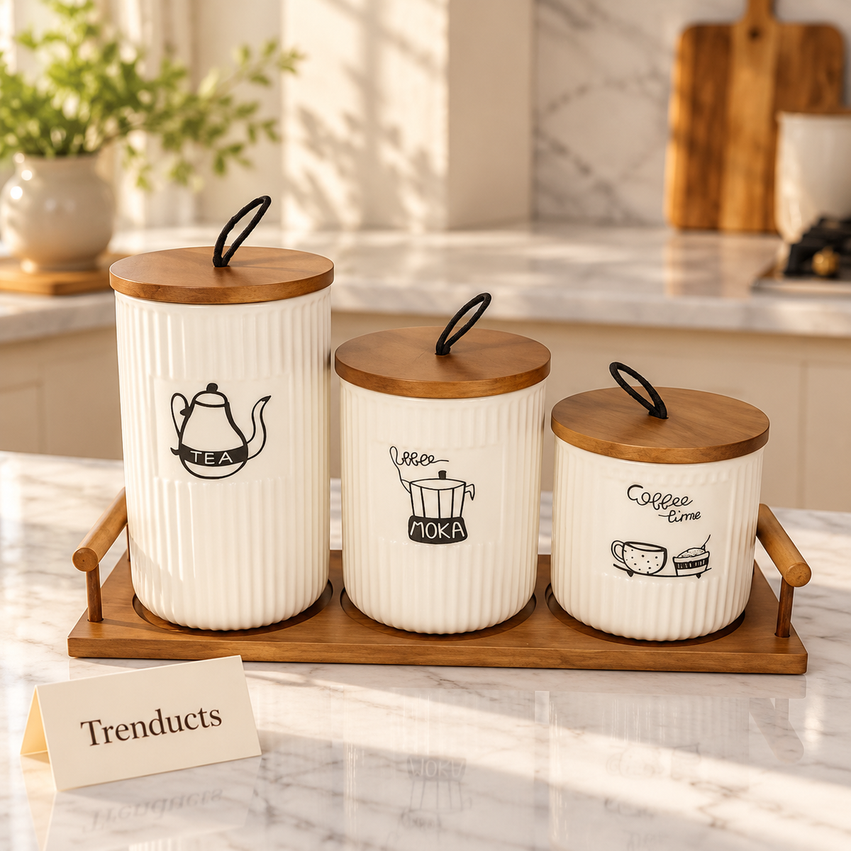 Ceramic Tea Coffee Sugar Canisters Set - Teapot Design with Tray