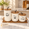 Ceramic Tea Coffee Sugar Canisters Set - Teapot Design with Tray