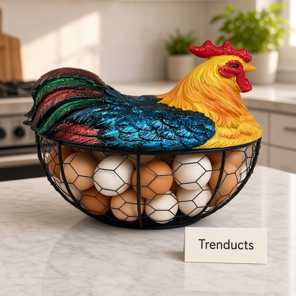 Premium Metal Egg Basket with Fiber Rooster Lid - Yellow & Blue