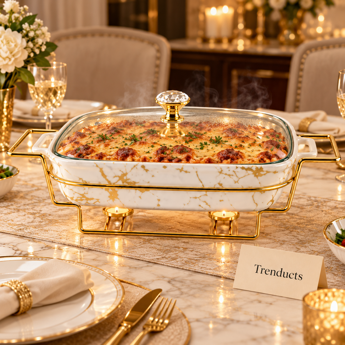 Brilliant Rectangular Marble Casserole with Gold Stand