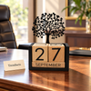 Wooden Cube Desk Calendar - Black Stand with Heart Tree