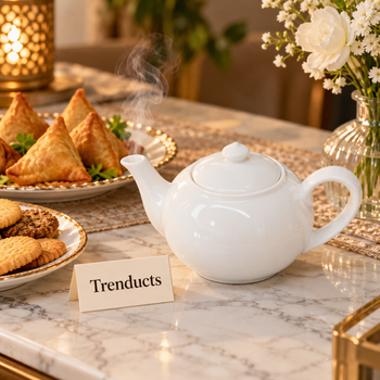 White Round Tea Pot serving evening chai with snacks | Trenducts