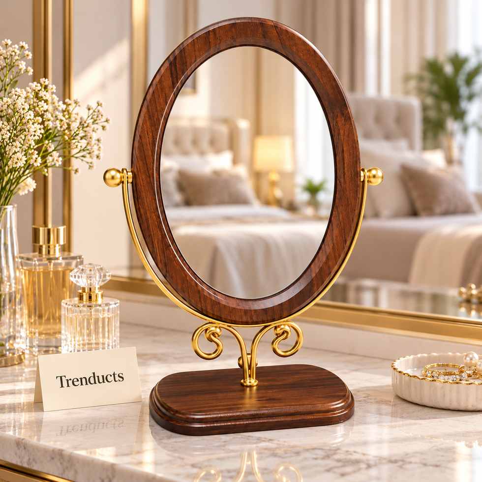 Oval Table Mirror - Wooden Frame with Gold Stand, 12 inch