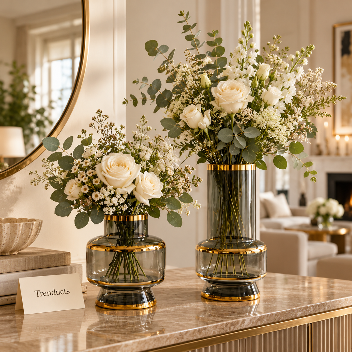 Gold Rim Grey Glass Vase - Pedestal Base
