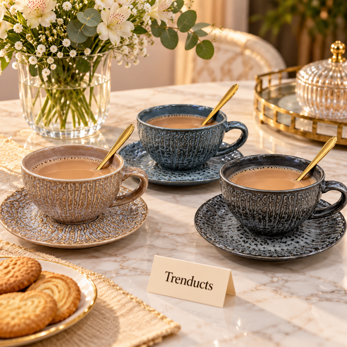 Luxury Cup and Saucer Set - Round Handle, Embossed Ceramic