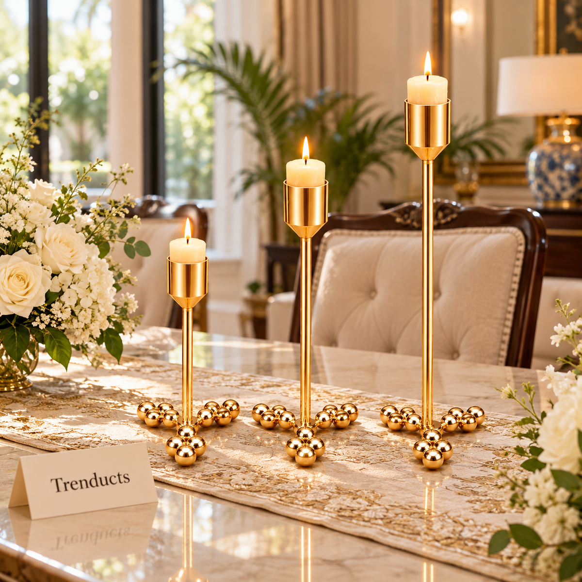 Elegant Gold Candle Stand Set - 3 Tall Holders