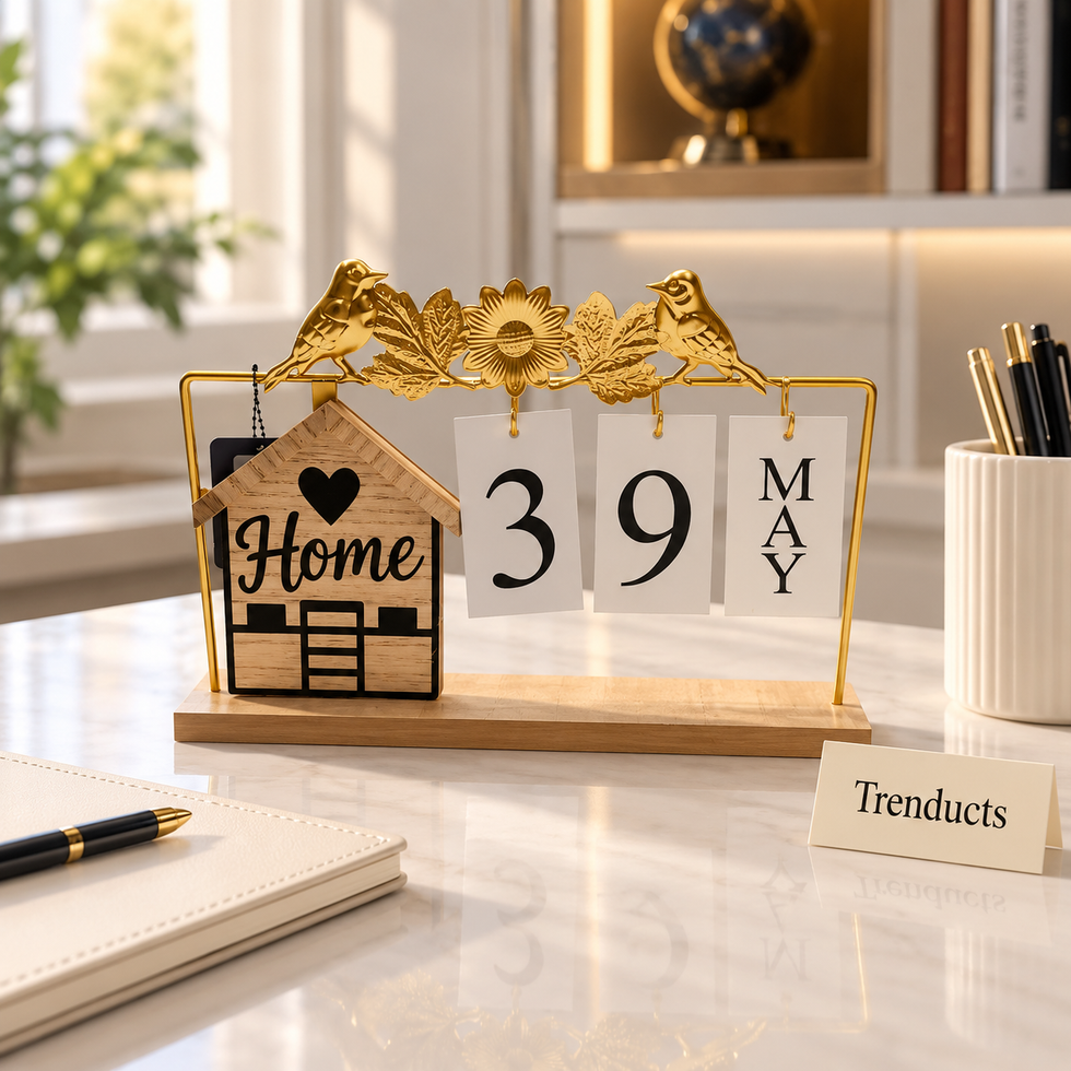 Wooden Desk Calendar - Reusable, Gold Birds and Flower