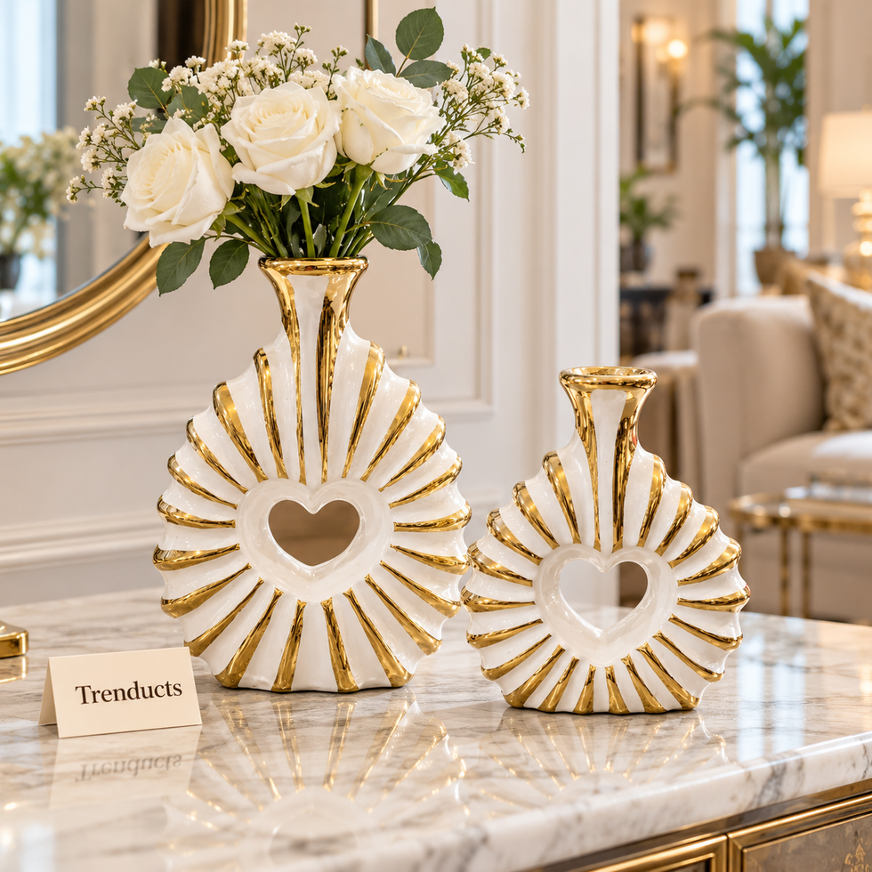 White and Gold Heart Decorative Vase - Openwork Ceramic