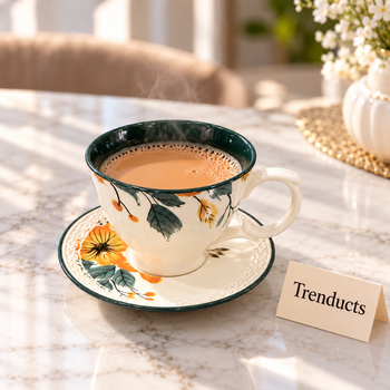 Cup and Saucer Set with hot chai on a breakfast table | Trenducts